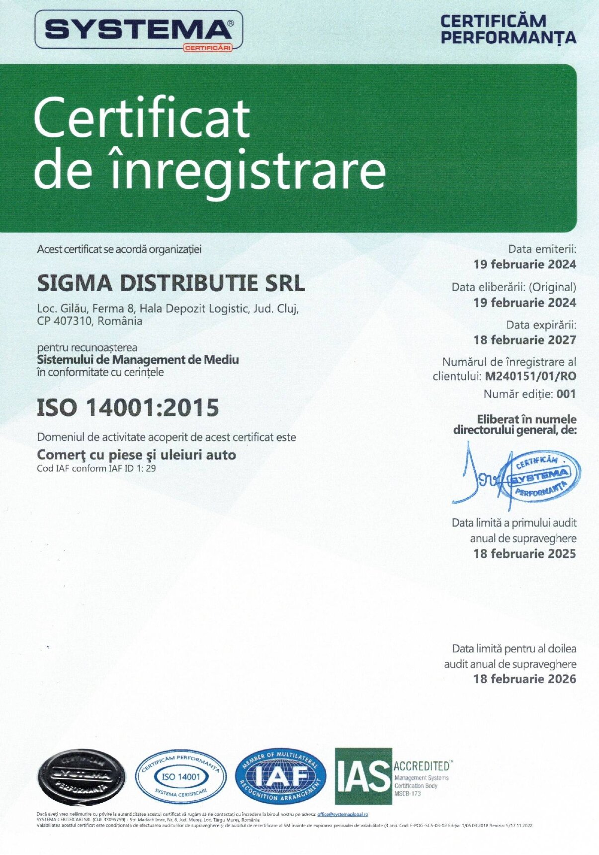 ISO 14001:2015 Comert cu piese si uleiuri auto