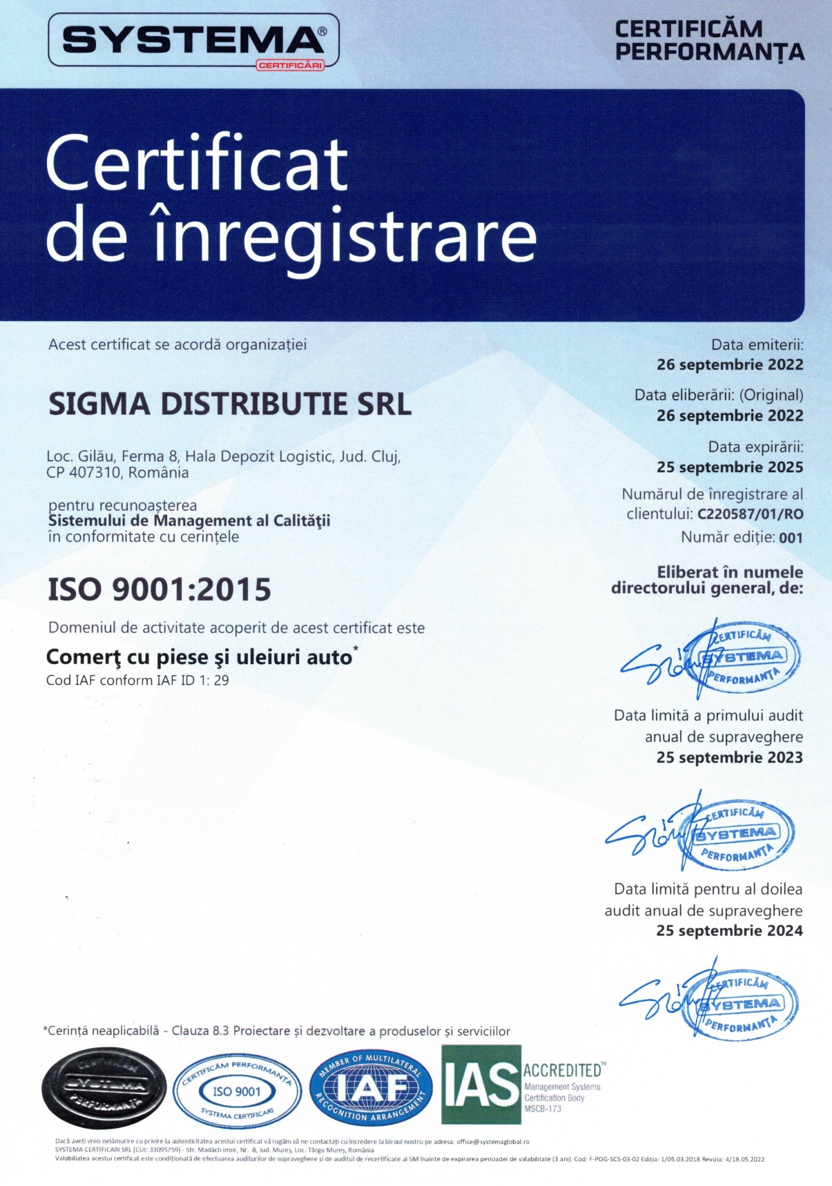 ISO 9001:2015 Comert cu piese si uleiuri auto